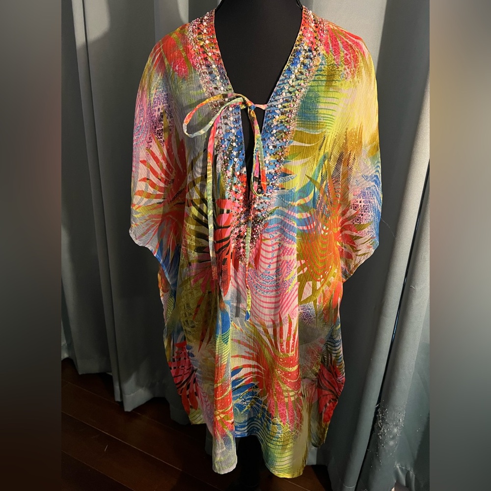 Bali Club Multicolor Tropical Beaded Tie-Front Cover-Up S